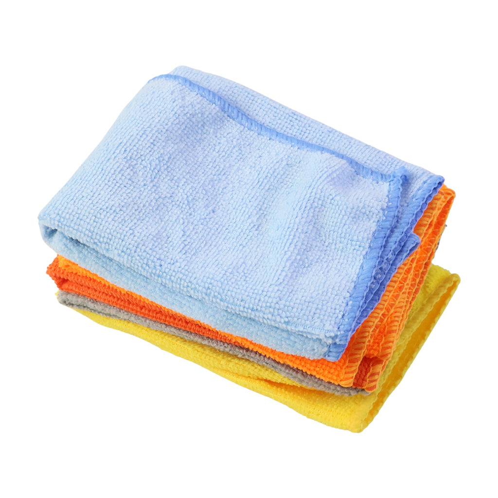 Color-coded microfiber towels arranged for different cleaning tasks