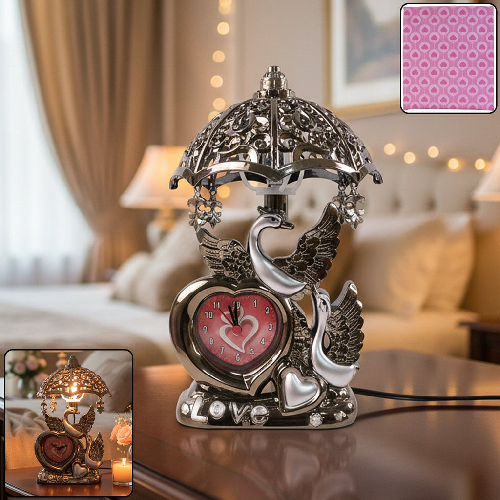 Swan Couple Table Lamp featuring heart-shaped analog clock and ornamental shade