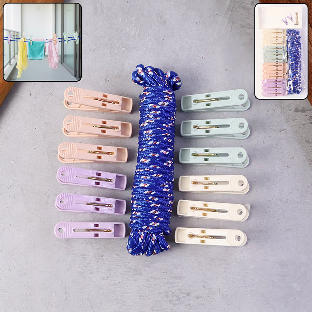 Clothesline rope with 12 pastel clips for laundry drying