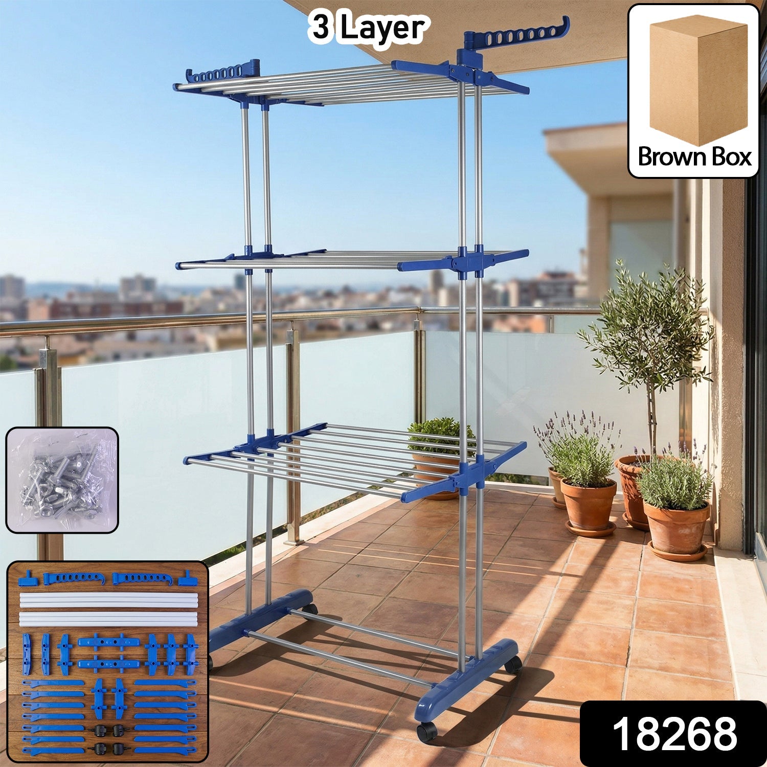 Multi-tier foldable clothes drying rack on wheels for indoor or outdoor use