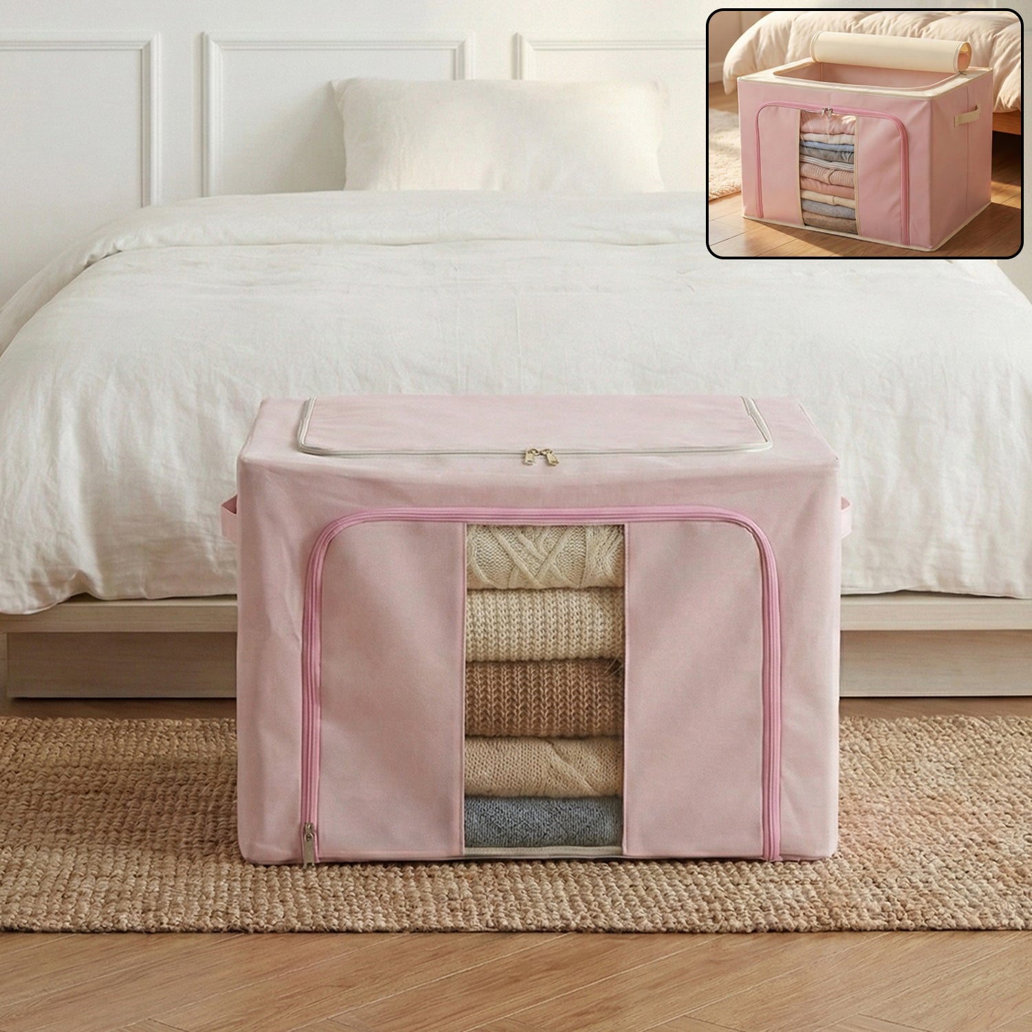 Foldable fabric clothes storage organizer box with transparent front window