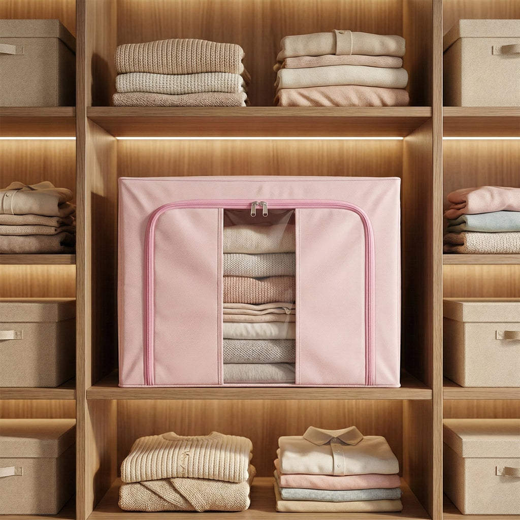 Alternative angle of foldable fabric clothes storage box showing side details