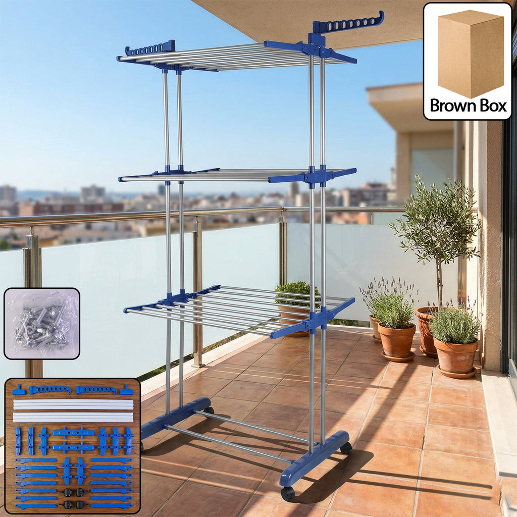 3-layer foldable clothes drying stand with wheels for easy mobility