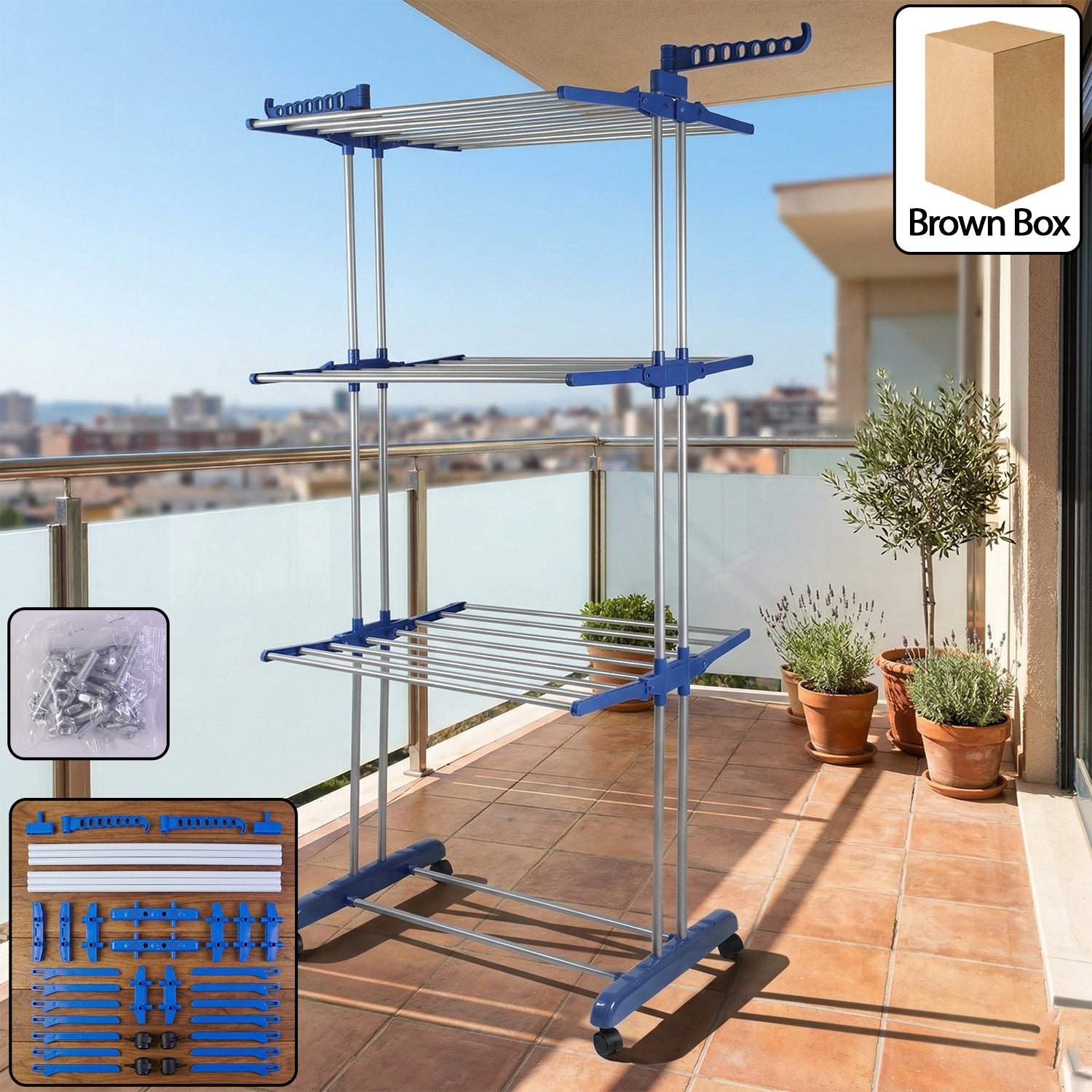 3-layer foldable clothes drying stand with wheels for easy mobility
