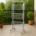 Heavy-duty stainless steel clothes drying rack with foldable design and caster wheels