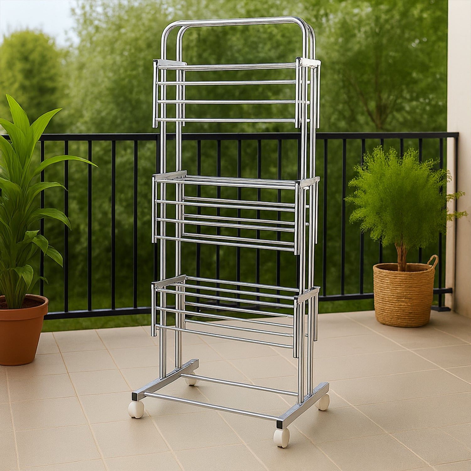 Heavy-duty stainless steel clothes drying rack with foldable design and caster wheels