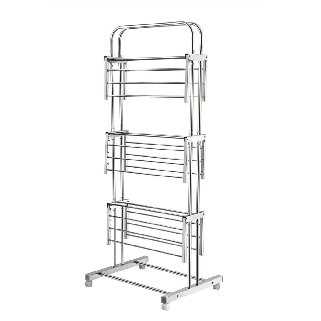 Durable stainless steel clothes drying rack with plastic connectors and caster wheels