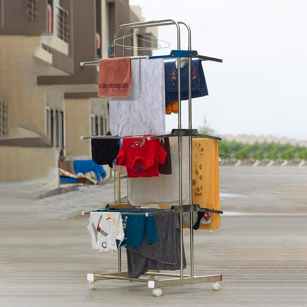 Foldable cloth drying stand made of stainless steel with side wings for extra drying space