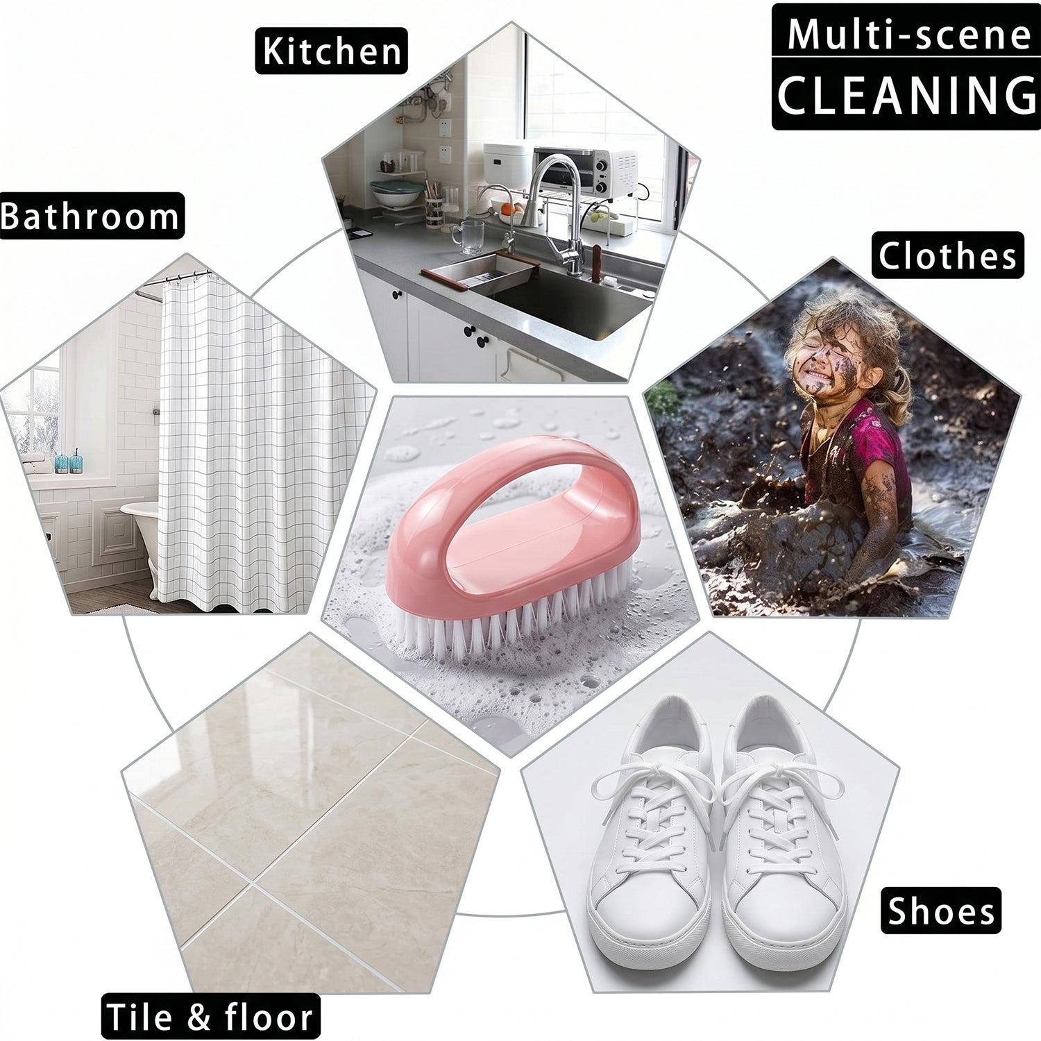 Top view of multi-purpose cleaning brush with handle