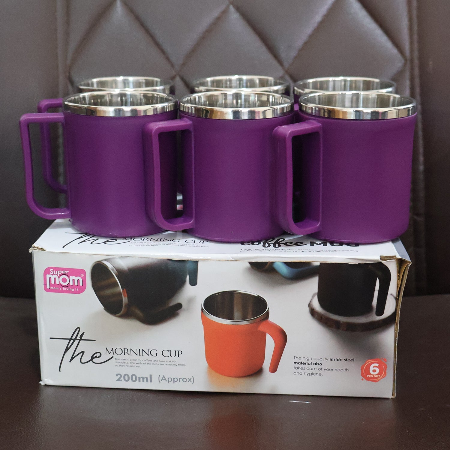 Side view of coffee mugs showing strong handles and stainless steel interiors