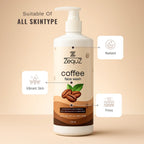 Coffee Face Wash bottle displayed with coffee plant leaves symbolizing natural ingredients