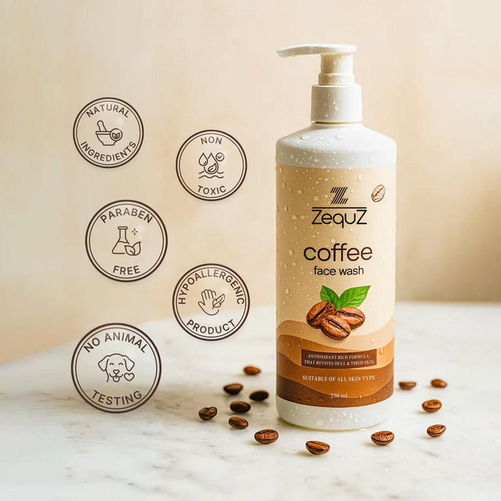 Pump dispensing coffee face wash gel highlighting smooth gel texture