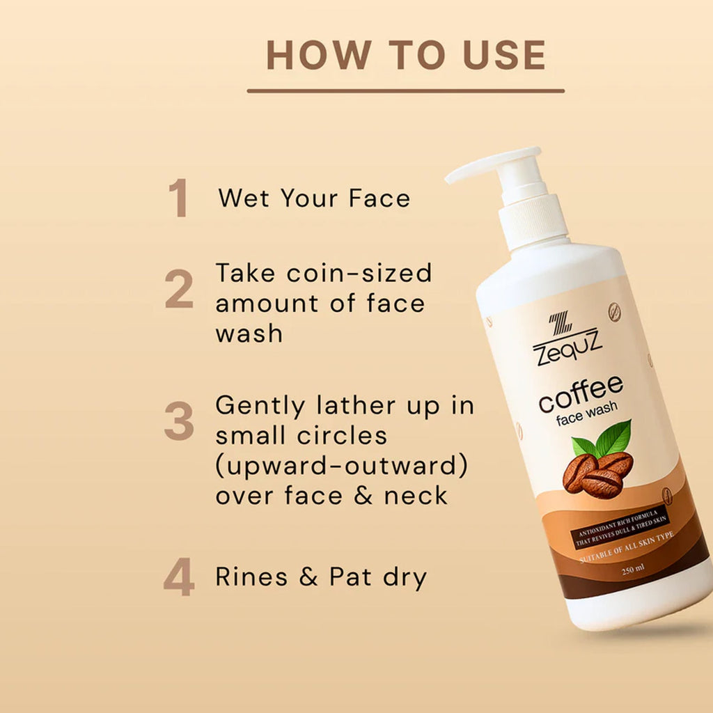 Close-up view of rich coffee face wash gel texture in Zequz packaging