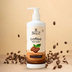 Pump bottle of Zequz Coffee Face Wash with coffee beans, antioxidant rich formula