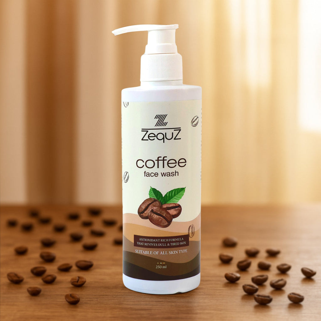 Zequz Coffee Face Wash bottle front view showing antioxidant cleanser