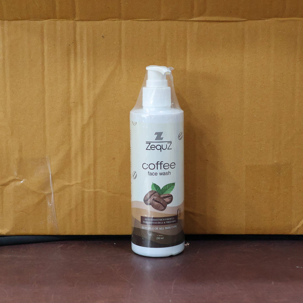 Lifestyle image of Zequz Coffee Face Wash bottle showcasing antioxidant benefits