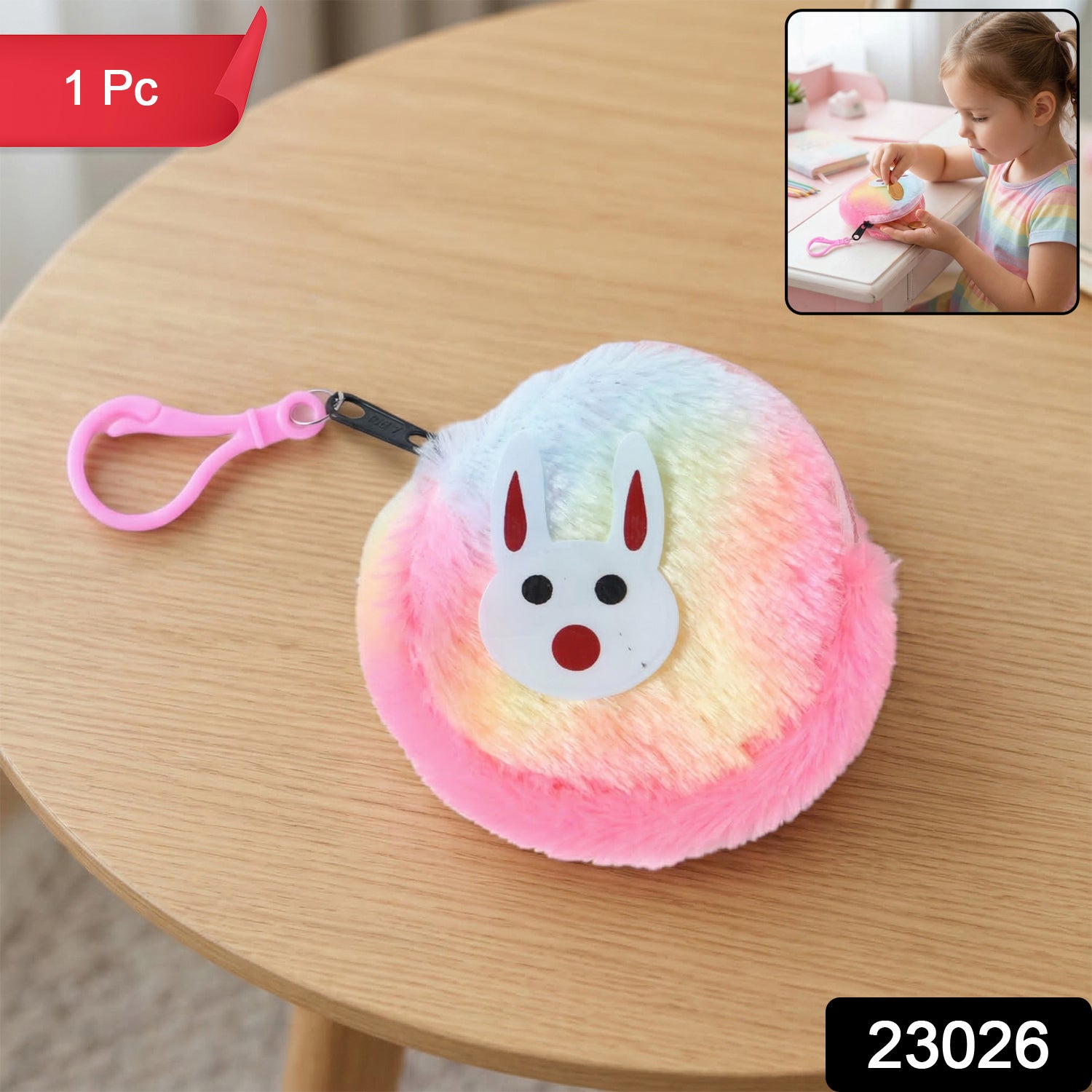 Rainbow fur keychain purse with bunny face