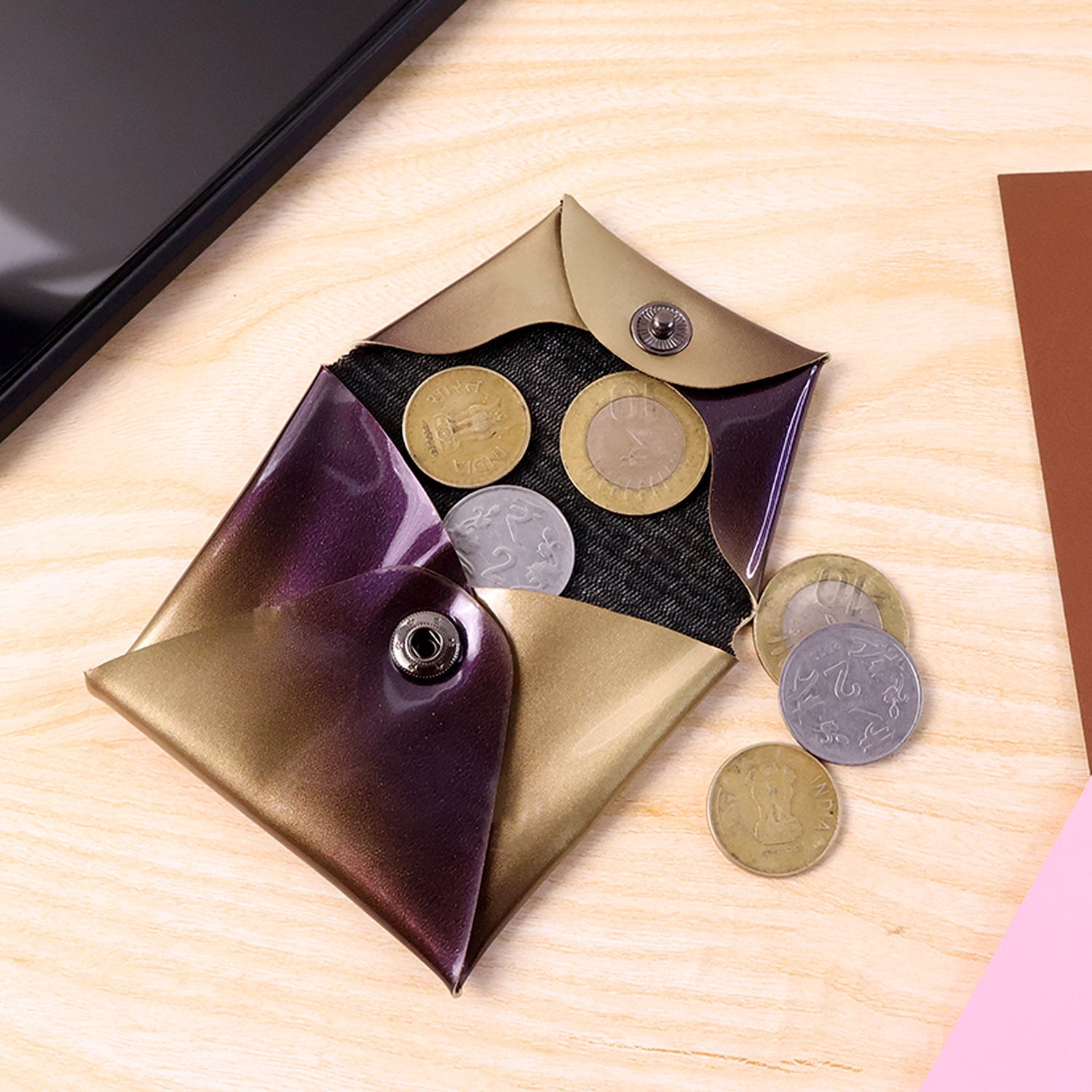 PU leather coin pouch with secure snap closure