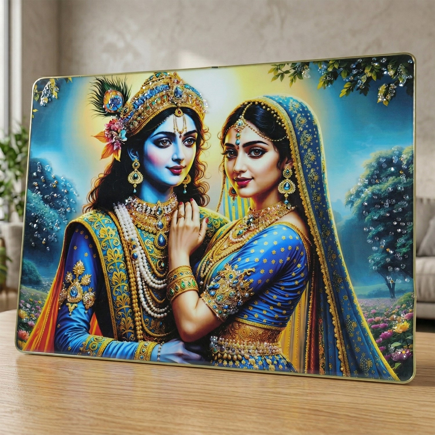 Vibrant Radha Krishna wall frame, perfect for spiritual home decor