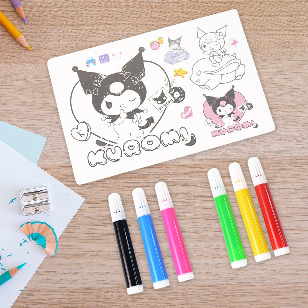 Six unique Kuromi-themed coloring sheets included in kids set