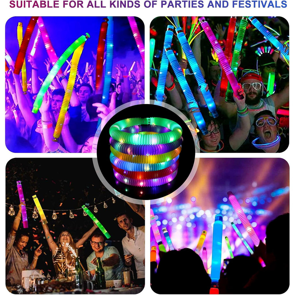 Stretchable LED Glow Pop Tubes glowing vividly in the dark