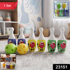 Toddler-friendly bowling game set with cartoon design of pins and colorful balls
