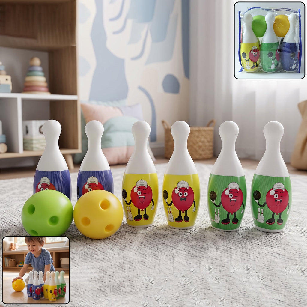 Colorful kids bowling set with pins and balls for indoor and outdoor play