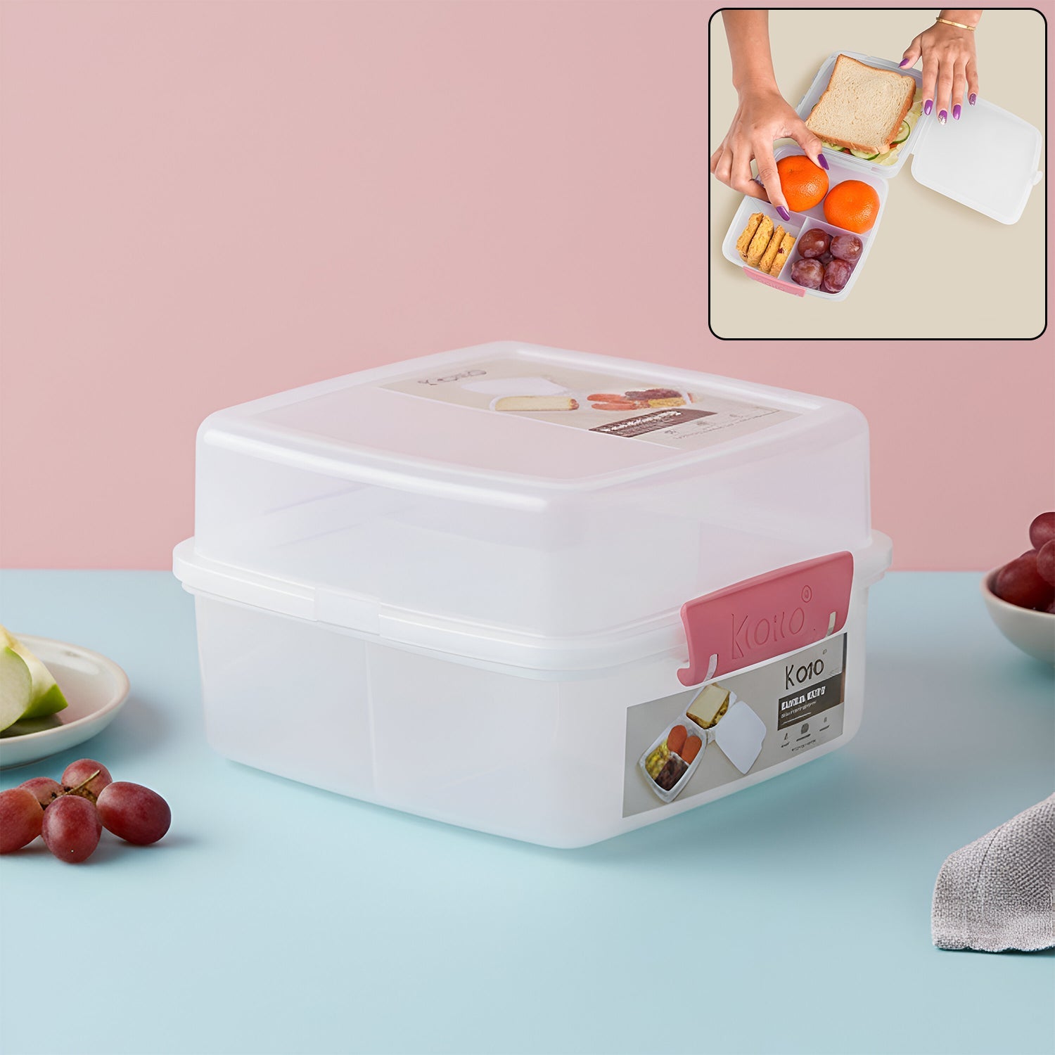 Transparent lunch box allowing easy view of stored food in compartments