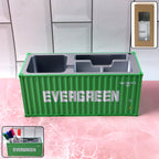 Container-style desk organizer holding pens and stationery on office desk.