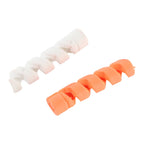 Two spiral cable protectors in assorted colours safeguarding earphone and charging cables.