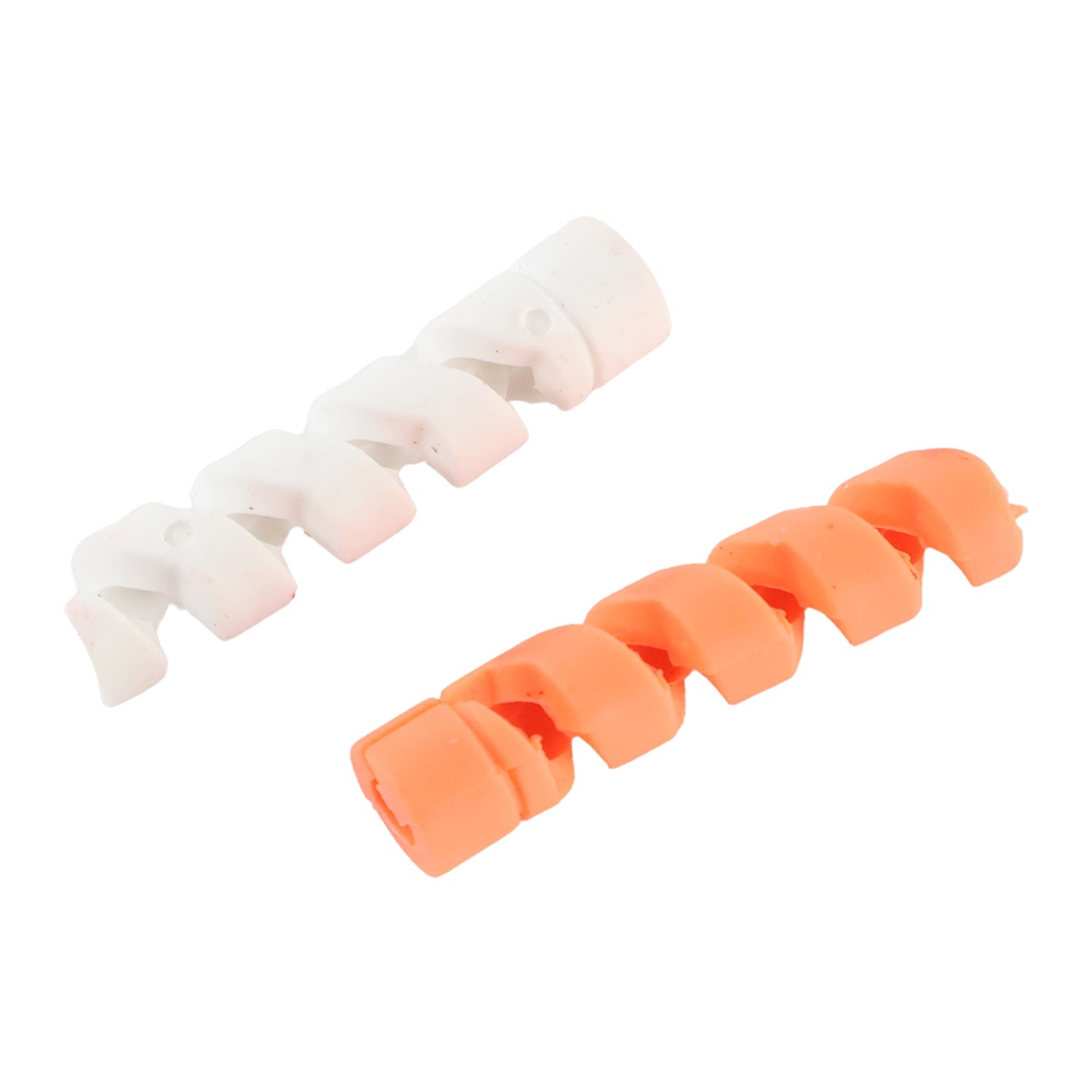 Two spiral cable protectors in assorted colours safeguarding earphone and charging cables.