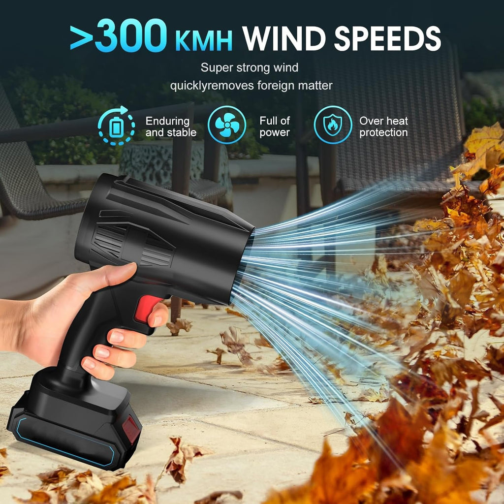 Leaf blower removing dust from outdoor surfaces, cordless and powerful