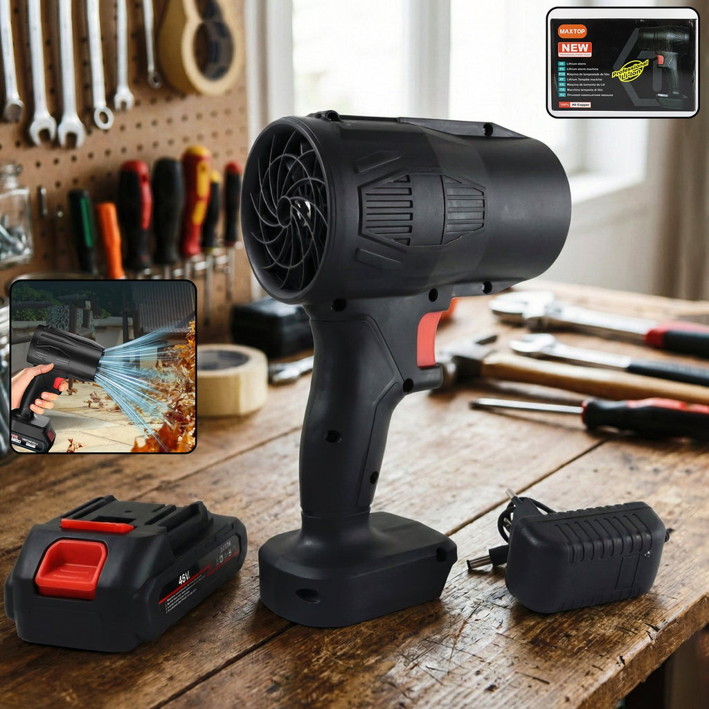 High power cordless leaf blower with rechargeable battery in white and black