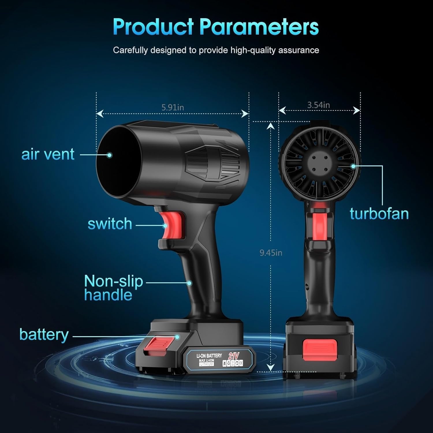 Main product shot of  cordless leaf blower with rechargeable battery
