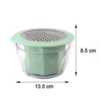 Measurement diagram of manual vegetable grater with dimensions 14 cm length, 13 cm width, 8 cm height