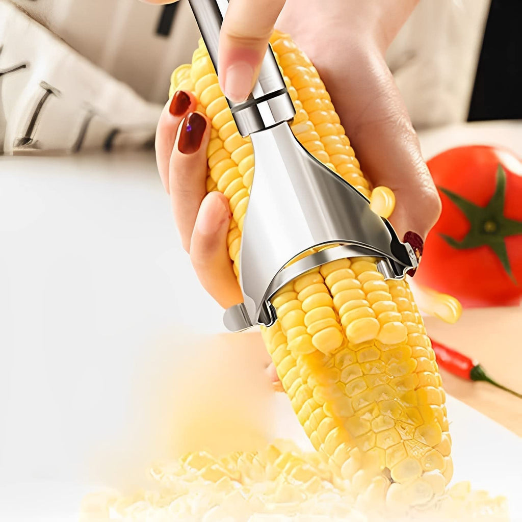 Close-up of serrated blade on stainless steel fruit and vegetable peeler