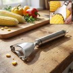 Stainless steel fruit and vegetable peeler with serrated blade on white background