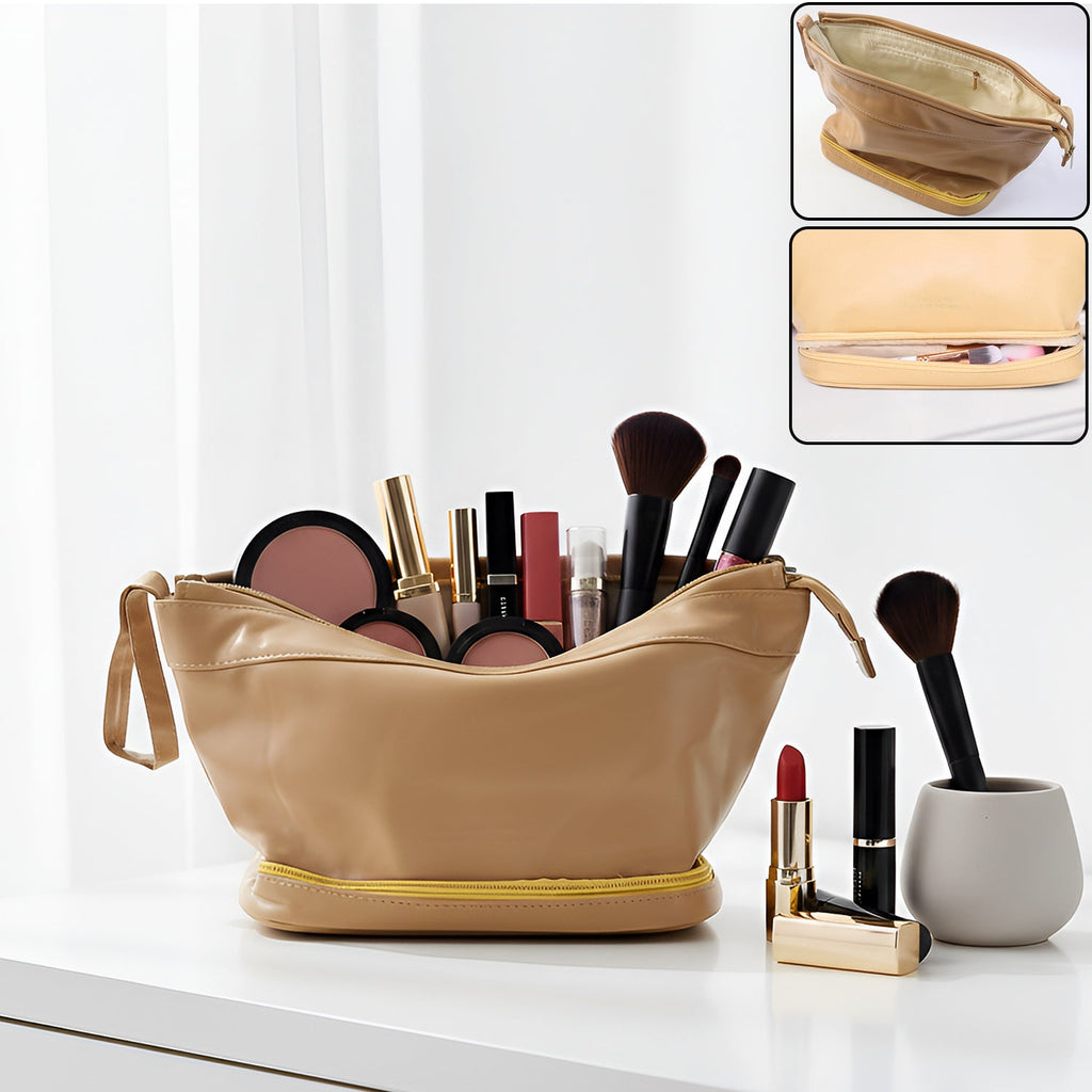 Spacious dual-compartment cosmetic bag for brushes and tools