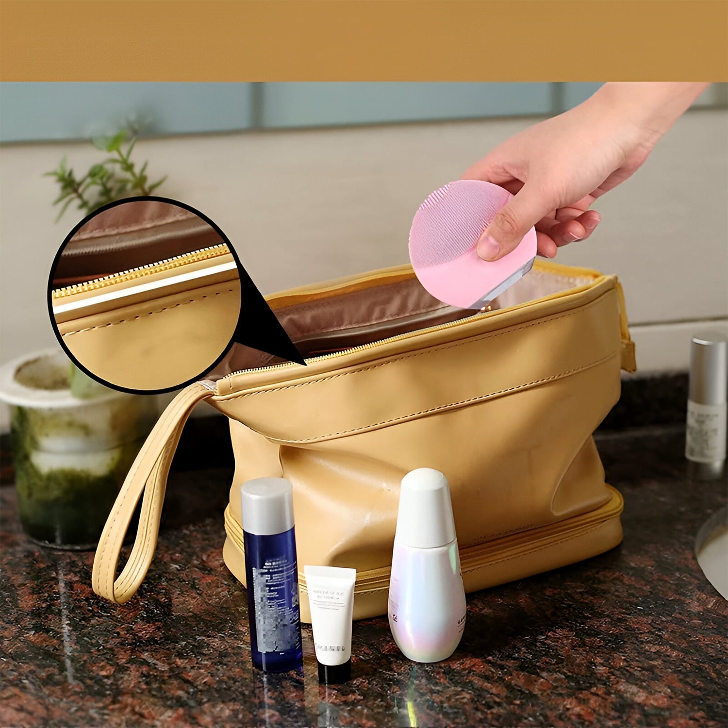 Makeup bag with wide zipper for easy access