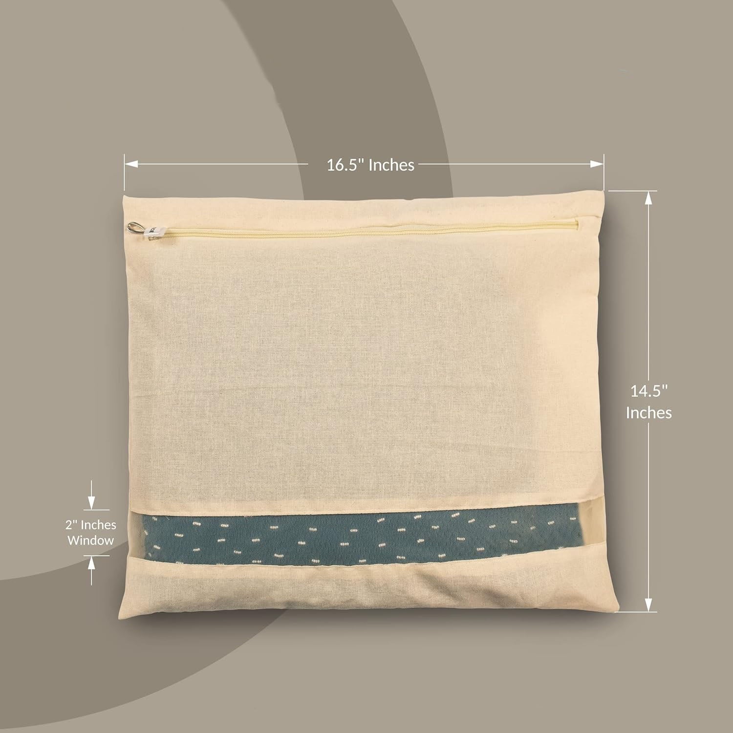 Saree storage bag showing size details 14.5 x 16.5 cm