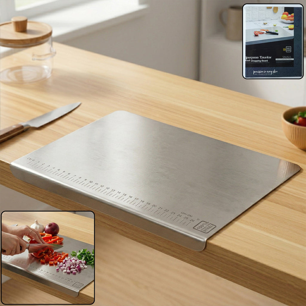Heavy-duty stainless steel chopping board on kitchen countertop