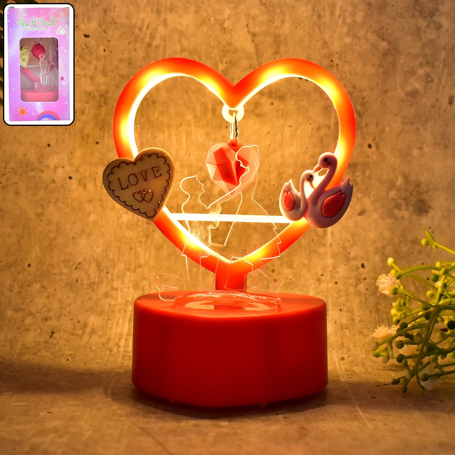 Heart-shaped decorative love showpiece featuring LED hanging heart light in red frame