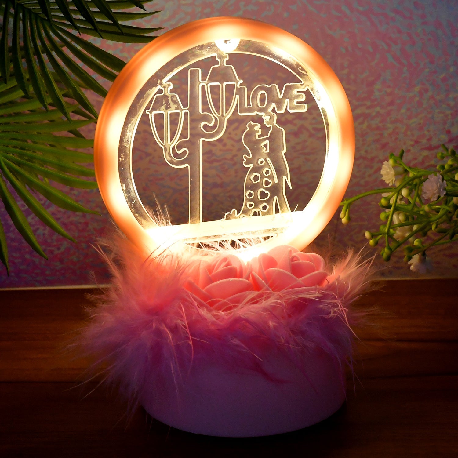 Romantic Round Love Couple Decorative Showpiece with LED light and pink base