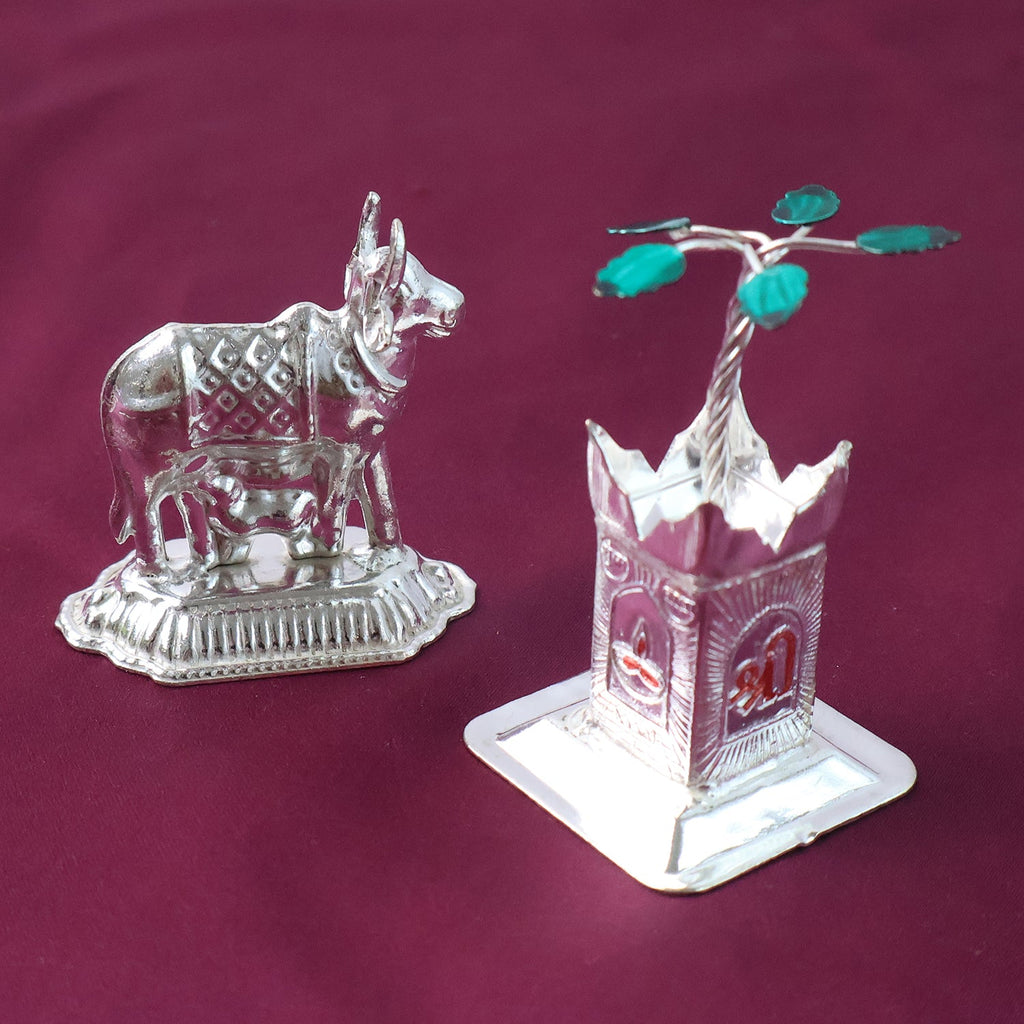 Silver-plated Kamdhenu cow and Tulsi plant divine idols set for festivals and pooja