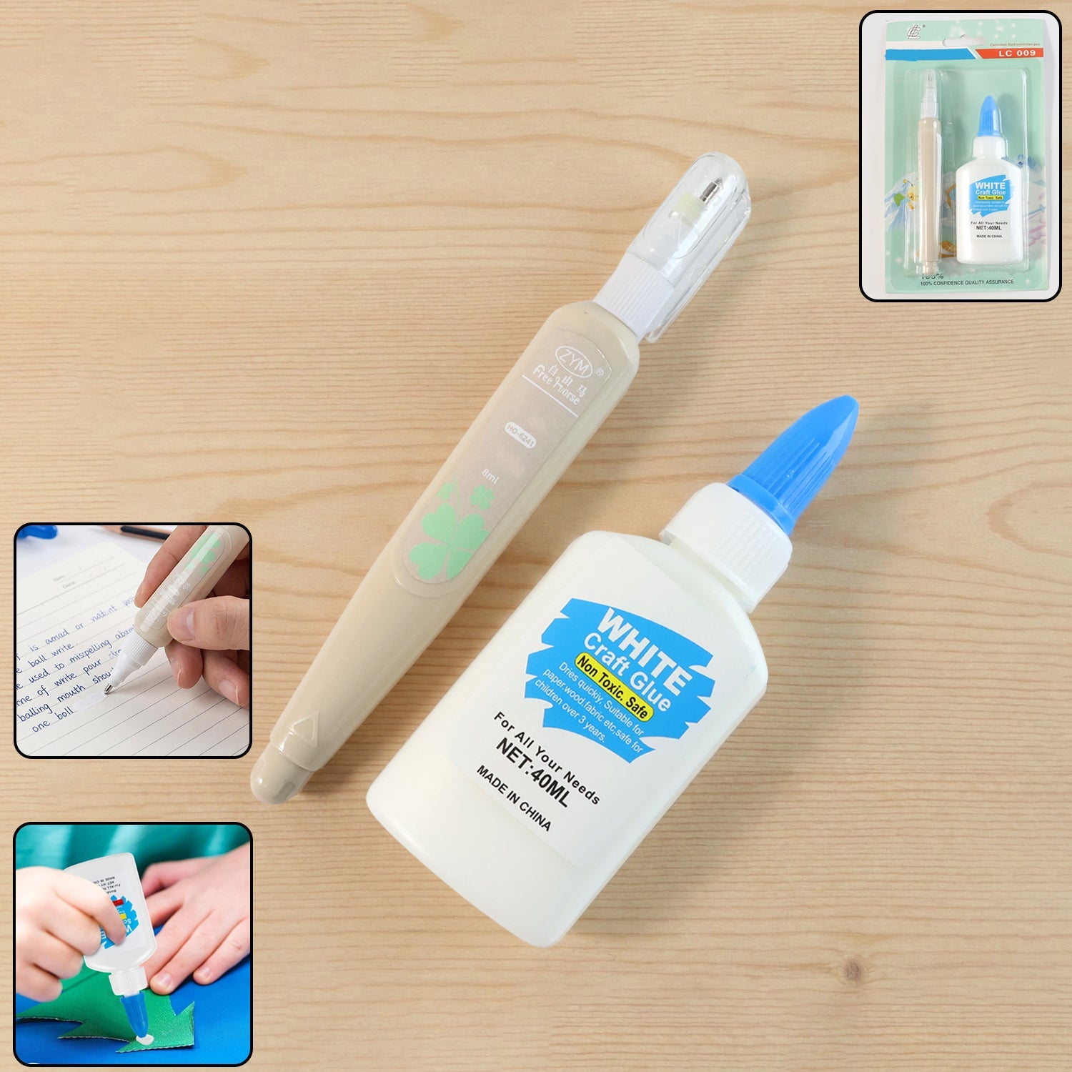 Multipurpose craft glue and precise correction pen set for clean application