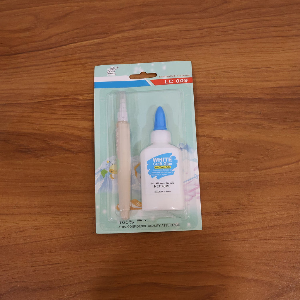 Creative craft supply set with multipurpose adhesive and correction pen