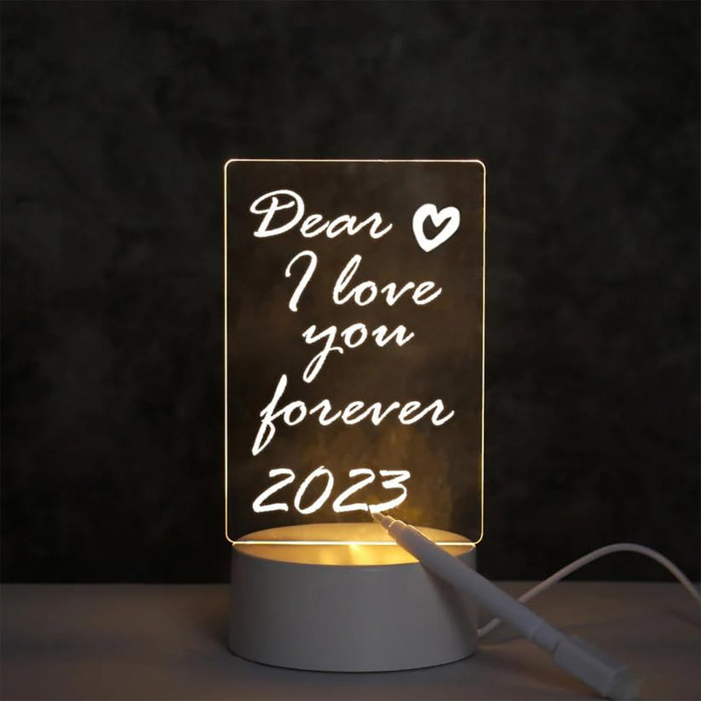 LED Acrylic Message Board Night Lamp glowing with handwritten message in a cozy room