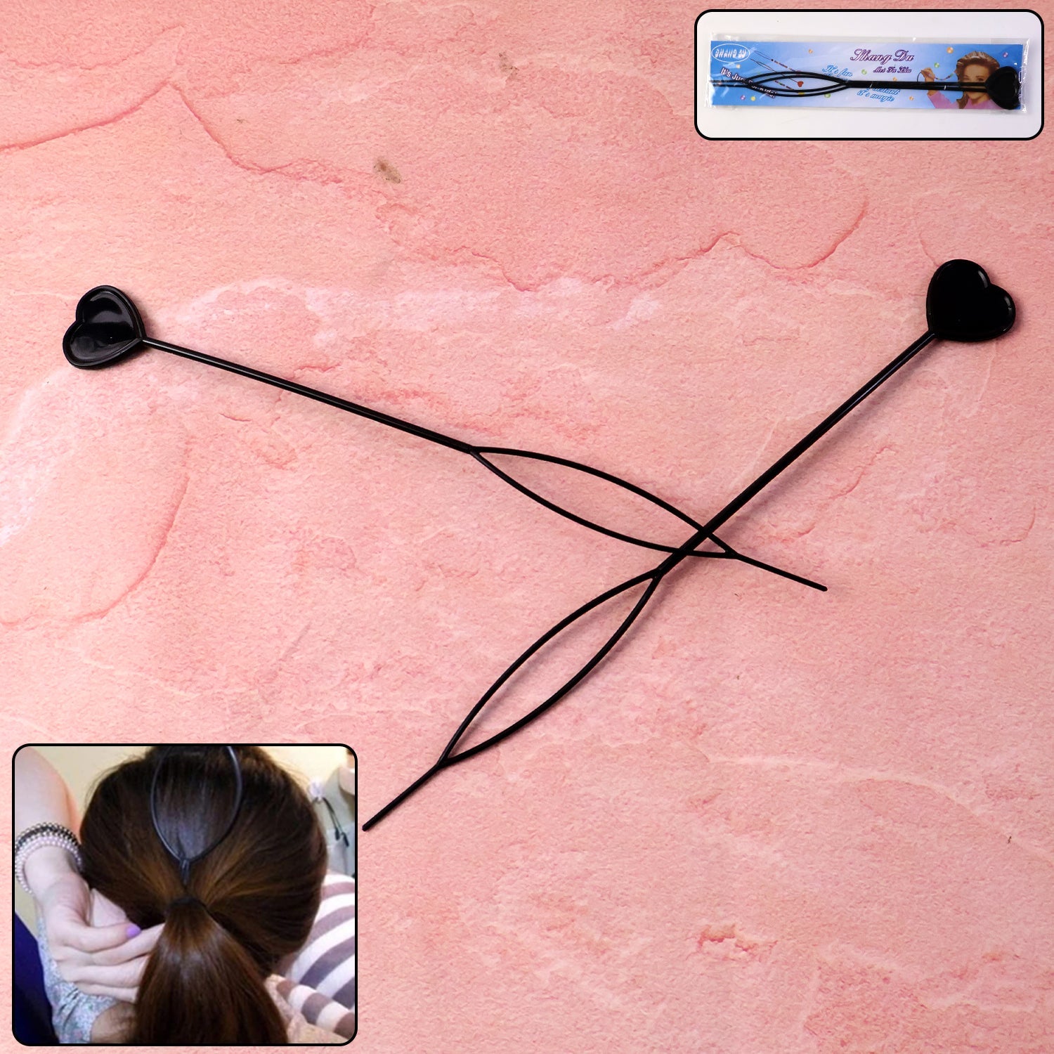 Two durable black heart-shaped hairpins displayed on white background