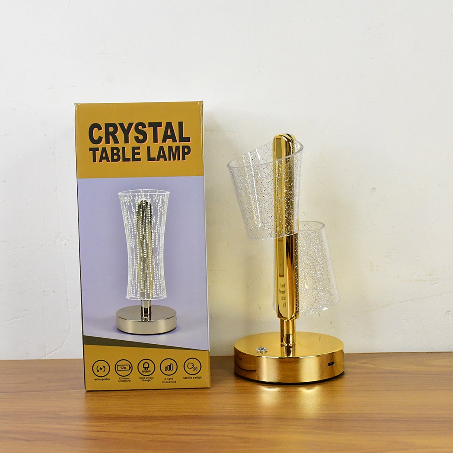 Decorative LED crystal lamp with double acrylic shades illuminating room
