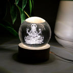 Detailed view of the illuminated 3D Ganpati idol inside the crystal ball, showing its radiant effect.
